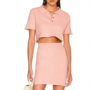 Callahan Womens Cropped Polo Top And Skirt Pink Cable Knit Size XS NWT